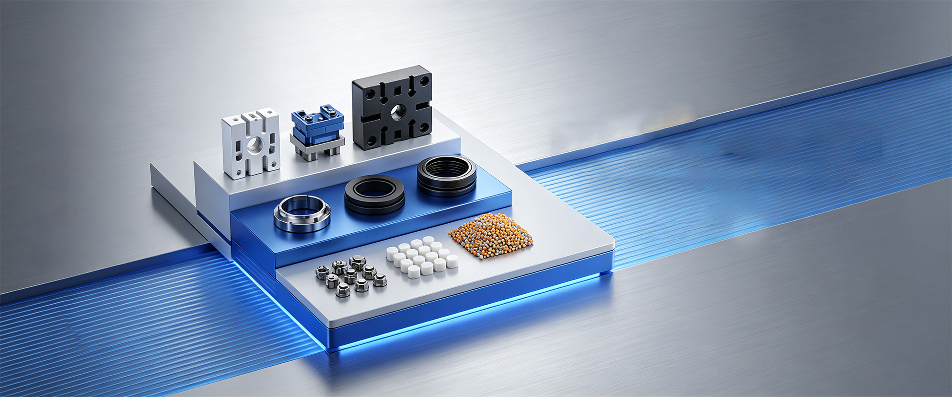 Precision-machined plastic and metal fittings, seals, and raw resin pellets staged on a blue platform