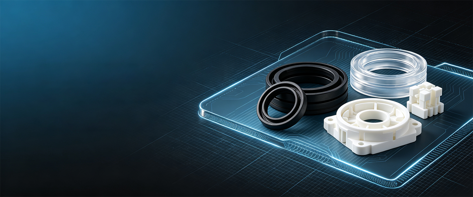 Rubber seals, a clear plastic housing, and a molded bracket staged on a circuit-inspired surface